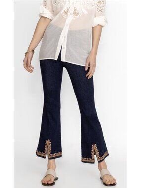JOHNNY WAS Katie Pull On Kick Flare Embroidered Jeans 28 Boho Festival Stretch